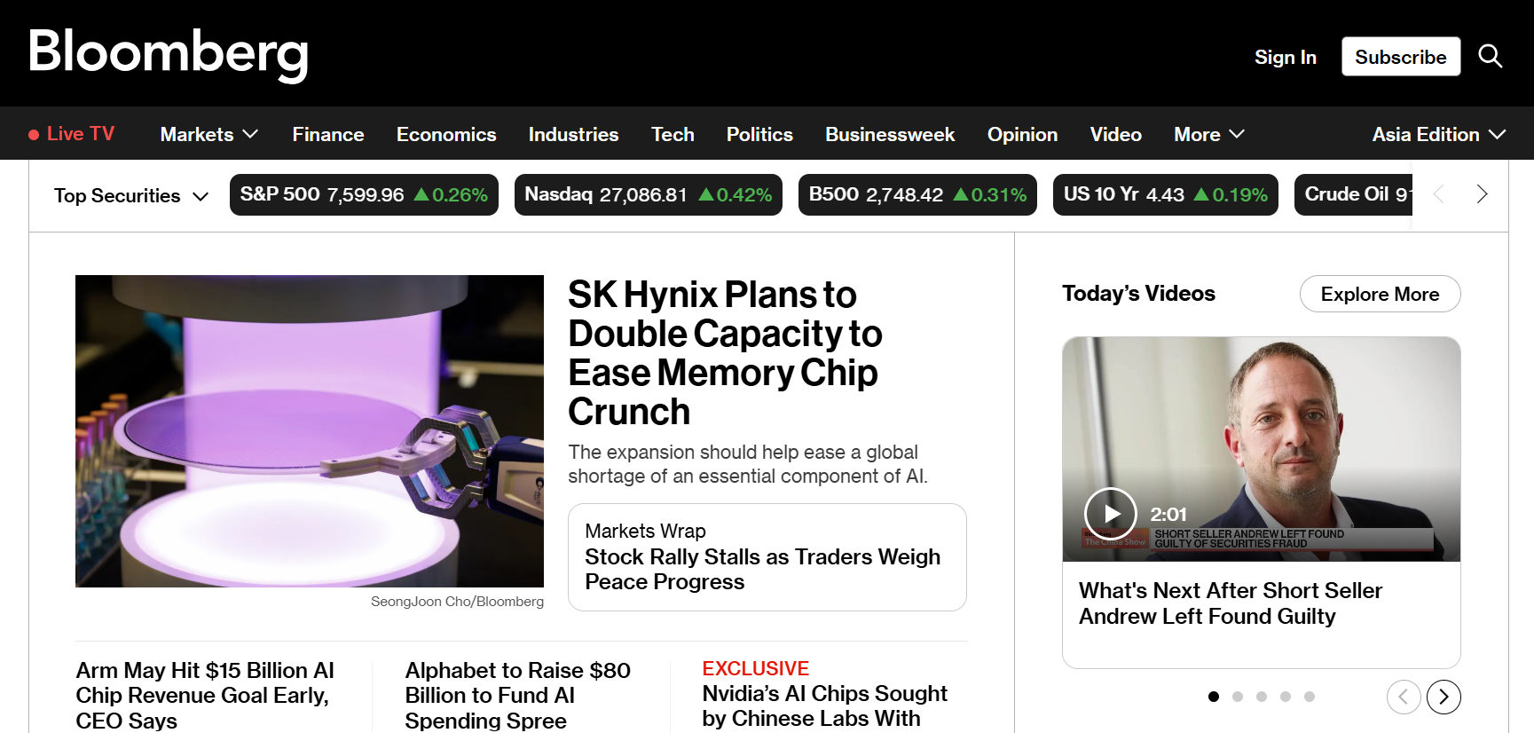 Screenshot of Bloomberg website representing real-time market data apps built with React Native.