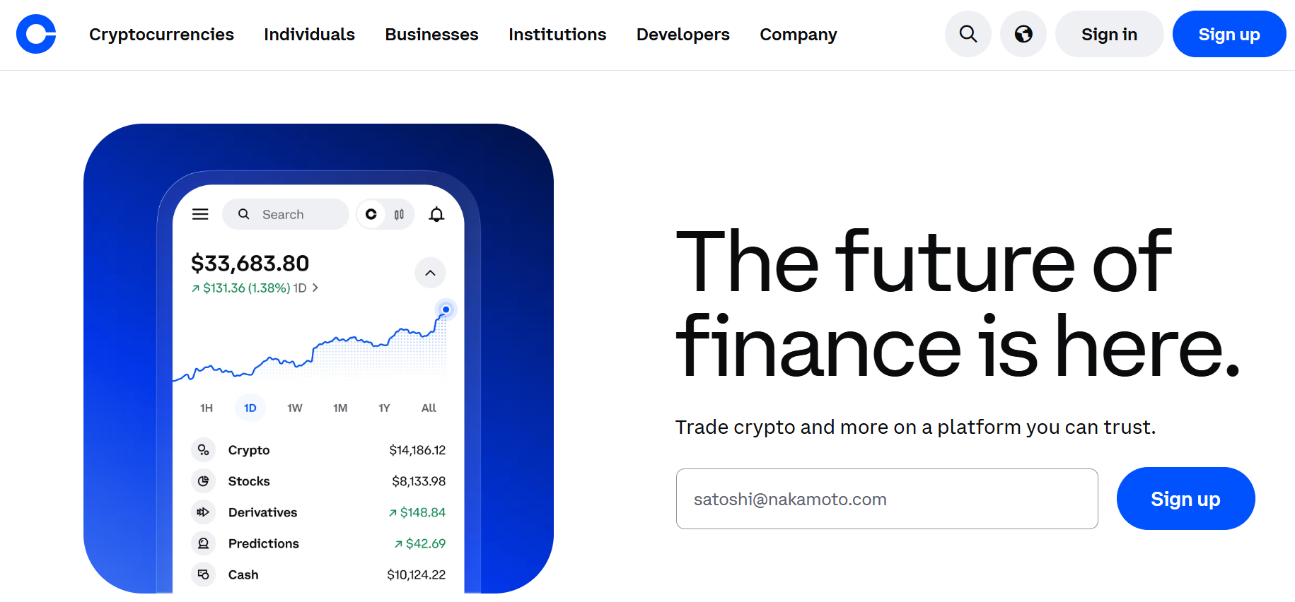 Screenshot of Coinbase website representing fintech apps built with React Native.