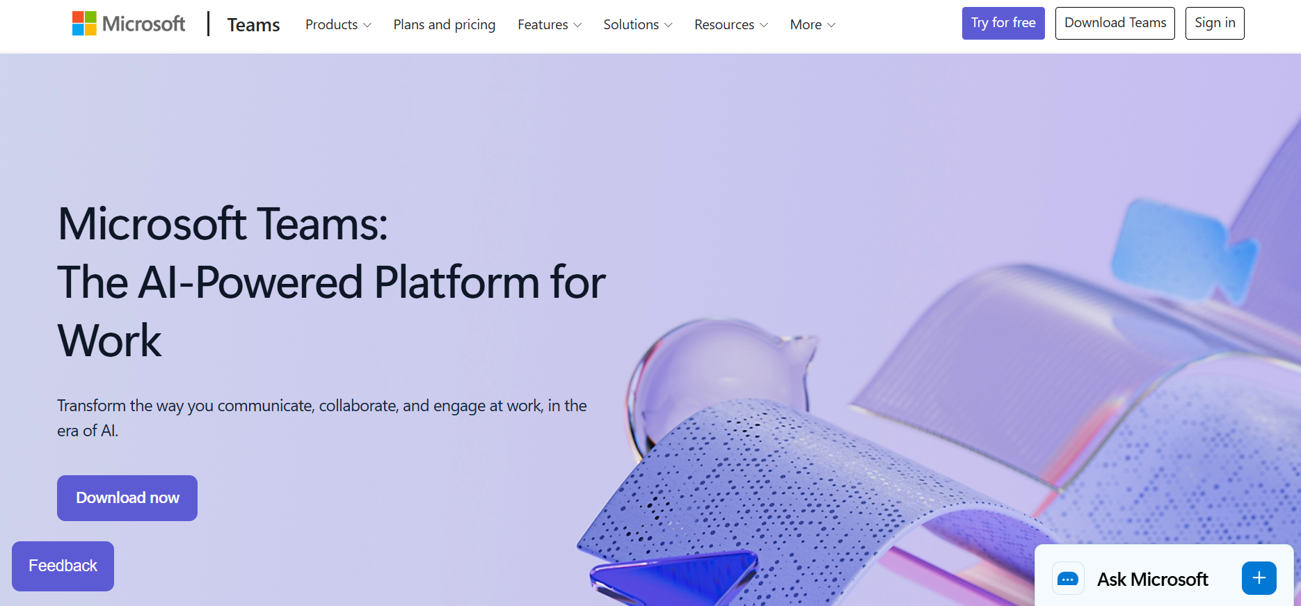 Screenshot of Microsoft Teams website representing React Native at enterprise scale.