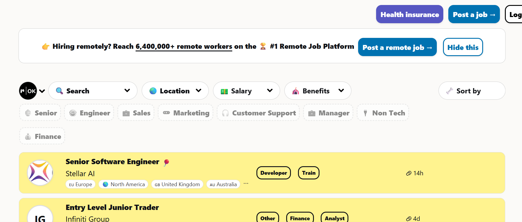 Screenshot of RemoteOK platform used for hiring React Native developers.