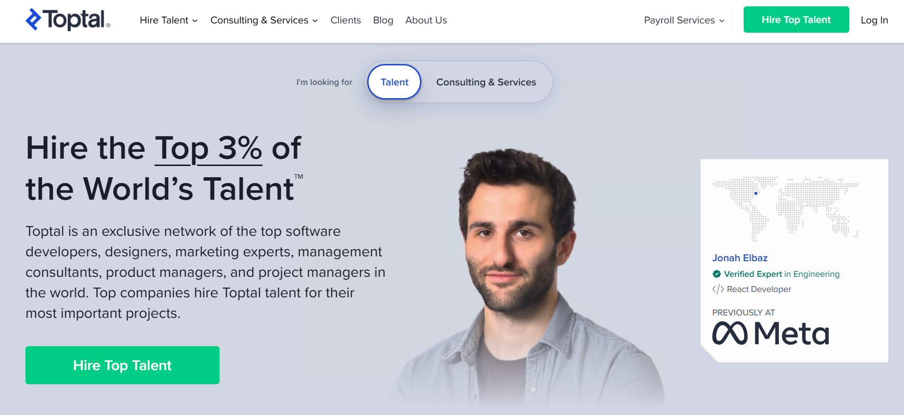 Screenshot of Toptal platform used for hiring React Native developers.