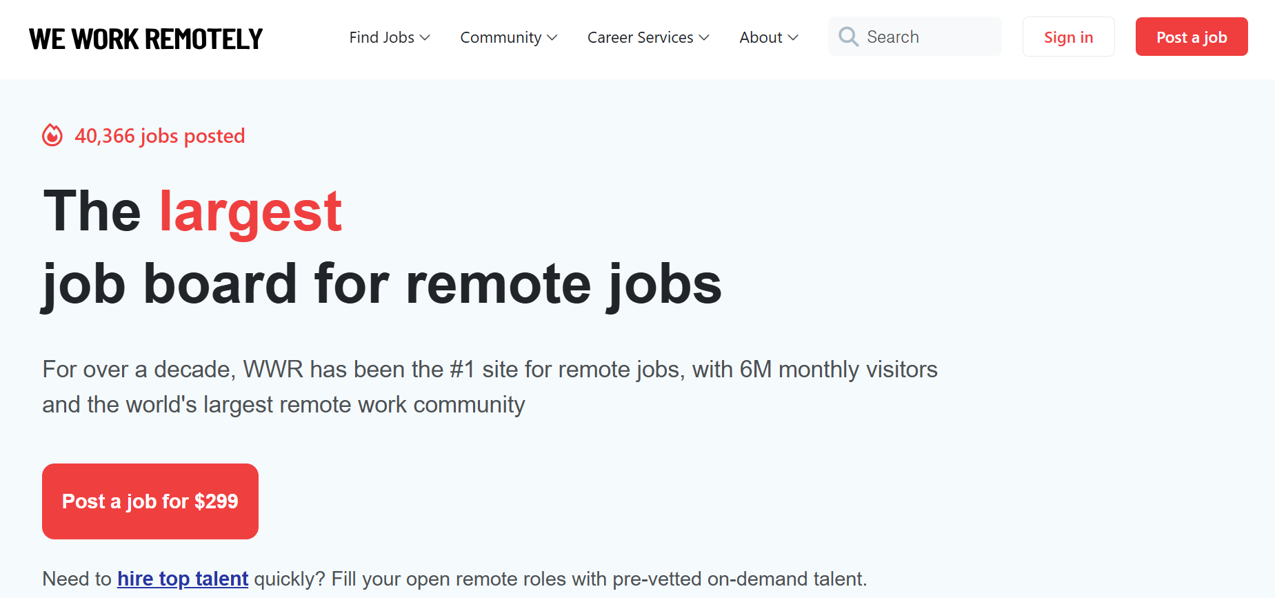 Screenshot of We Work Remotely platform used for hiring React Native developers.